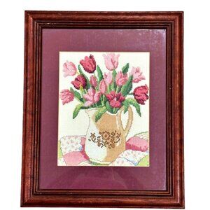 Framed Finished Pink Tulips Floral Cross Stitch Picture w Glass 13.5" x 16.5"